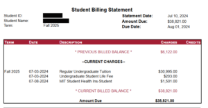 An example of an undergraduate bill with a previous balance.